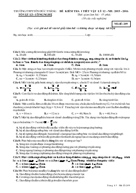 Đề 1 kiểm tra 1 tiết vật lý 12 - Năm học 2015 - 2016 thời gian làm bài 45 phút (30 câu trắc nghiệm)
